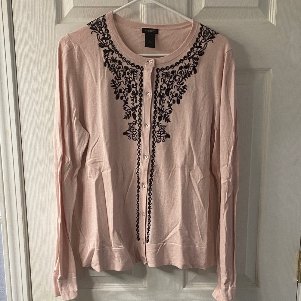 Ann Taylor Factory Pink Cardigan with Black Embroidery